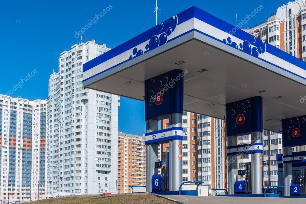 Balashikha, Russia - April 05.2016. gas station on the background of high-rise buildings