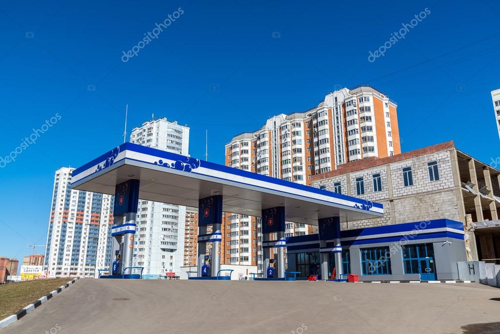 Balashikha, Russia - April 05.2016. gas station on the background of high-rise buildings