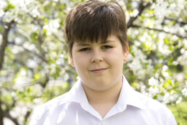 Porträtt av pojke tonåring i vårträdgård — Stockfoto
