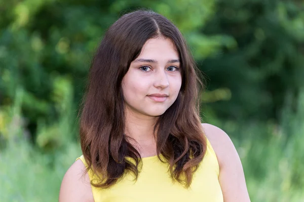 Retrato de menina com cabelo escuro na natureza — Fotografia de Stock