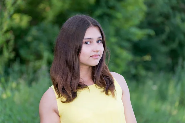 Bella ragazza 14 anni posa sulla natura estiva — Foto Stock