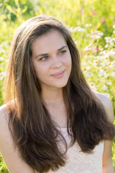 Mädchen mit schönen langen Haaren, die sich auf der Natur ausruhen — Stockfoto