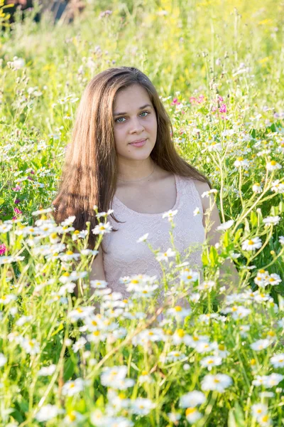 Ragazza siede sul prato con fiori selvatici — Foto Stock