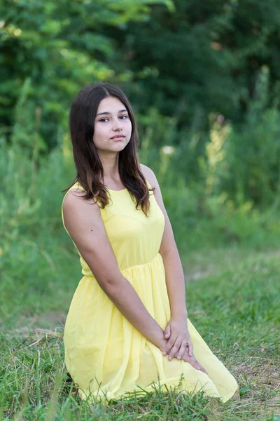 La fille en robe jaune assise sur l'herbe Photos De Stock Libres De Droits