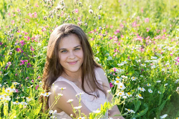 Mooi meisje op glade met weide bloemen — Stockfoto