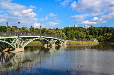 Moskova, Rusya - Haziran 08. 2016. Tsaritsyno Müzesi Müzesi'nde su birikintisi genelinde yaya köprüsü