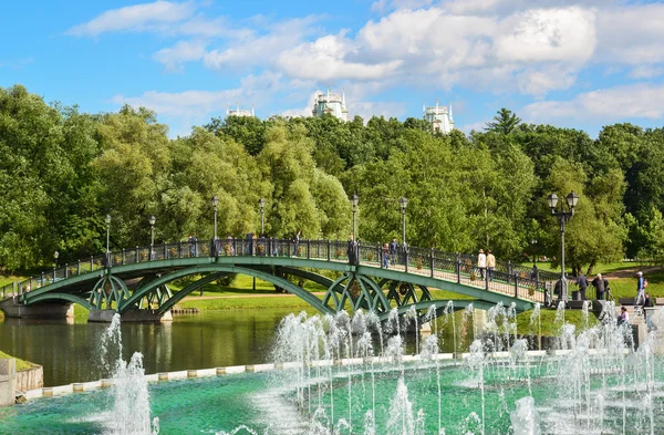 Moscou, Rússia - 08 de junho. 2016. Fonte Musical e a ponte do outro lado da lagoa no parque Tsaritsyno — Fotografia de Stock