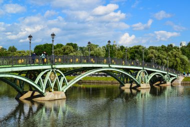 Moskova, Rusya - Haziran 08. 2016. Tsaritsyno Müzesi Müzesi'nde su birikintisi genelinde yaya köprüsü
