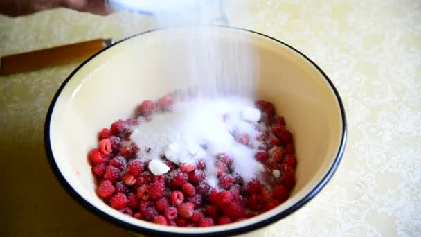 Woman presses raspberry to cook jam — Stock Video