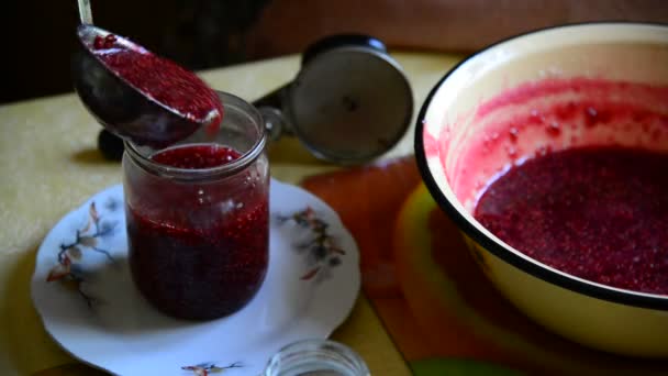 Woman puts handmade raspberry jam in jar — Stock Video