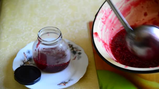 Donna mette marmellata di lamponi fatti a mano in vaso — Video Stock