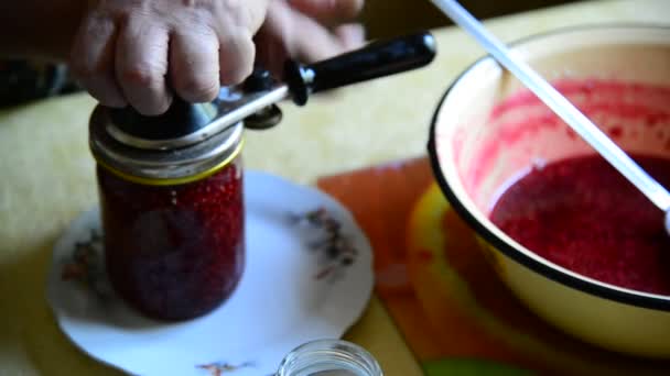 Woman closes a lid of handmade raspberry jam in jar — Stock Video