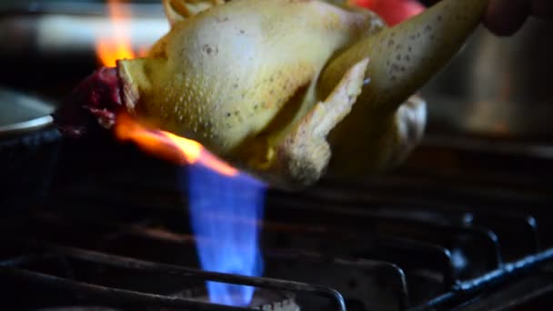 Hospodyňka opalování peří s domácí kuře — Stock video