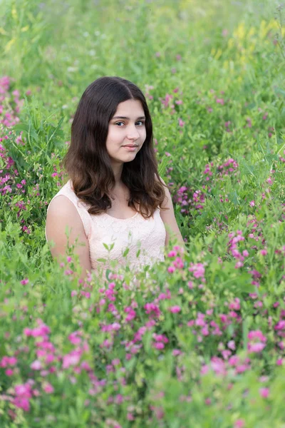 Menina sentada no prado com flores — Fotografia de Stock