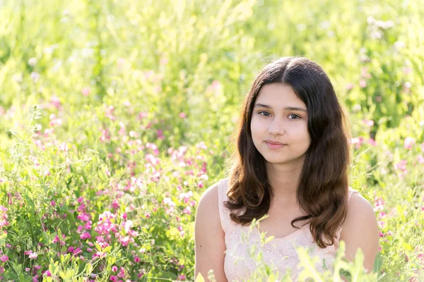 Modesto chica bien cuidada en el prado de flores de verano — Foto de Stock