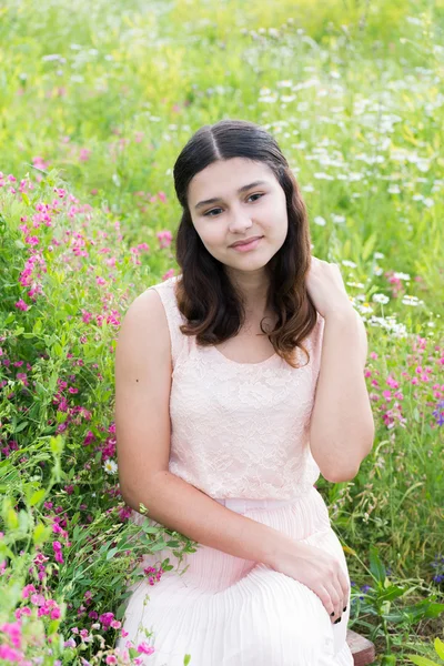 Pretty girl sits on richly meadow — Stock Photo, Image