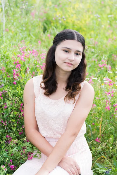 Menina bonita senta-se no prado ricamente — Fotografia de Stock