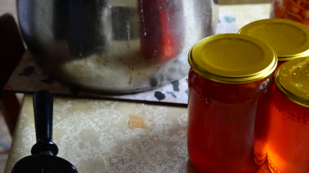 Housewife pours homemade jam in jar — Stock Video