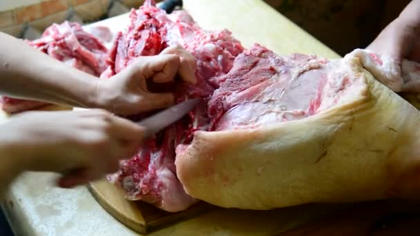 Two women cut a large piece of pork — Stock Video