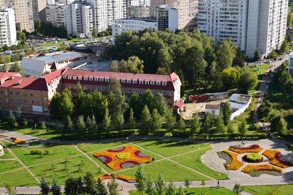Top view of Boulevard 16 in district Zelenograd in Moscow, Russia
