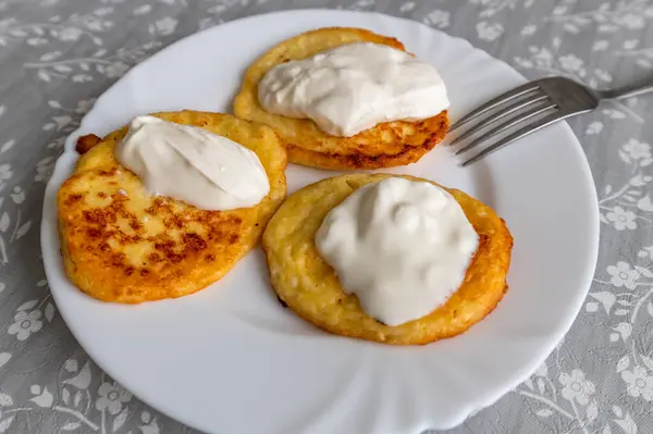 Homemade Pancakes Sour Cream White Plate — 图库照片