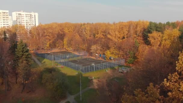 Футбольные и баскетбольные поля в осеннем парке на окраине города Москвы, Россия — стоковое видео
