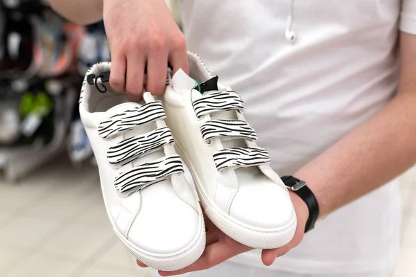 White Children Sneakers Men Hands — Stock Photo, Image