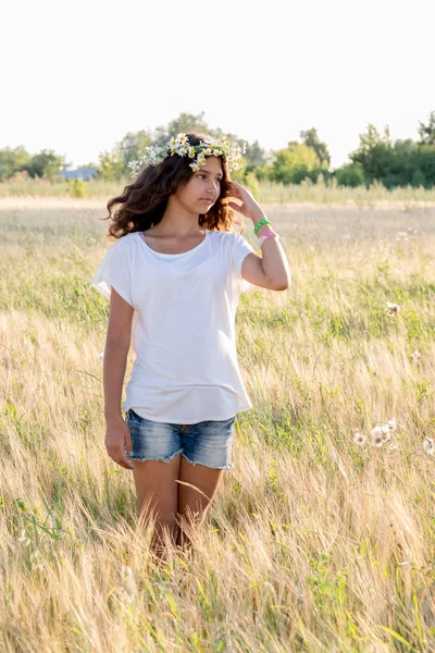 Menina bonita em um campo no dia de verão — Fotografia de Stock