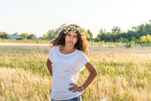 Teenie-Mädchen mit einem Kranz aus Gänseblümchen im Feld — Stockfoto