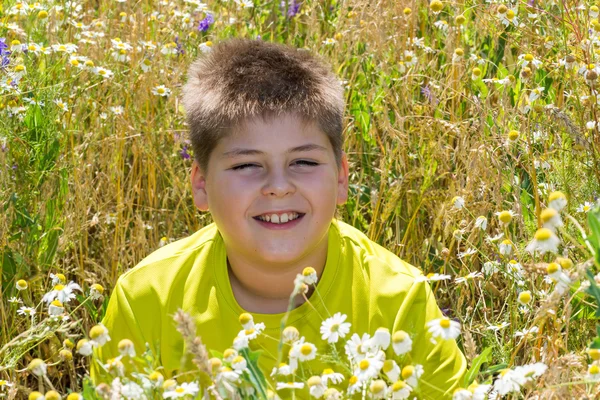 Chłopiec w polu z kwiatami — Zdjęcie stockowe
