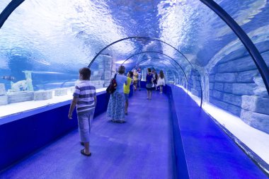 Antalya, Türkiye-1 Eylül 2014 insanlar içinde belgili tanımlık akvaryum. Dünya panoramik tüneli alength 131 metre ile en uzun