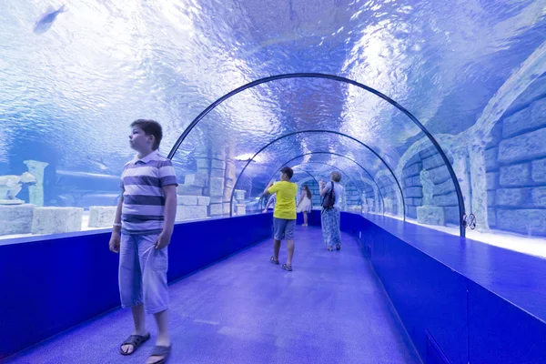 Antalya, Turkey-1 September 2014 People in the  aquarium. IT  is  longest of  world panoramic tunnel with alength  131 meters — Stock Photo, Image