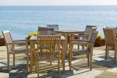 Ahşap masa ve sandalyeler, seaside Cafe