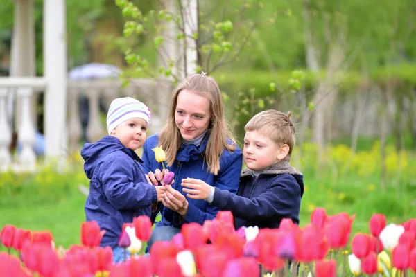 Madre e hijos Relajarse alrededor de macizos de flores —  Fotos de Stock