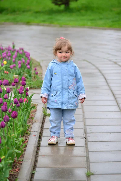 Kleines Mädchen in der Nähe der Blumenbeete mit Tulpen — Stockfoto