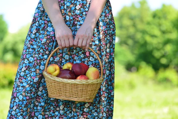 Mujer adulta con una cesta de fruta en el parque — Foto de Stock