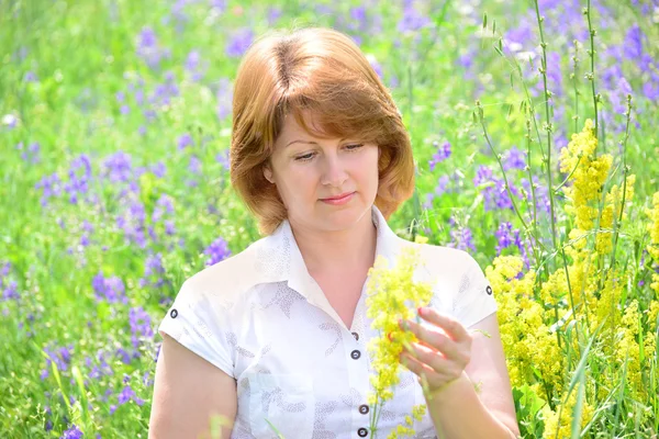 Donna adulta nel prato con fiori selvatici — Foto Stock