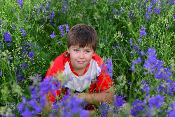 Menino adolescente descansando no gramado com flores azuis — Fotografia de Stock