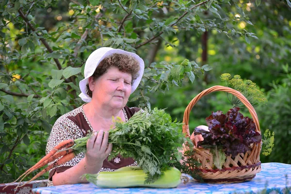 Літня жінка з кошиком овочів, що сидить за столом — стокове фото