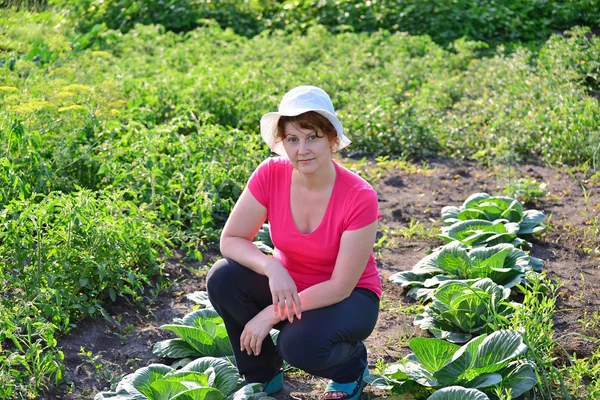 Mujer cuida de repollo en el jardín — Foto de Stock