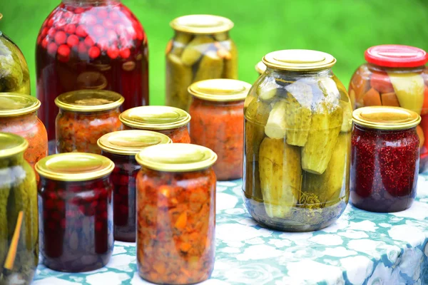夏の庭でホームの缶詰の野菜 — ストック写真