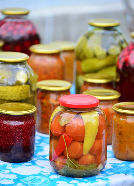 Casa vegetais enlatados no jardim no verão — Fotografia de Stock