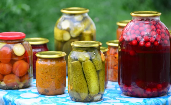 Home canned vegetables in the garden in summer — Stock Photo, Image