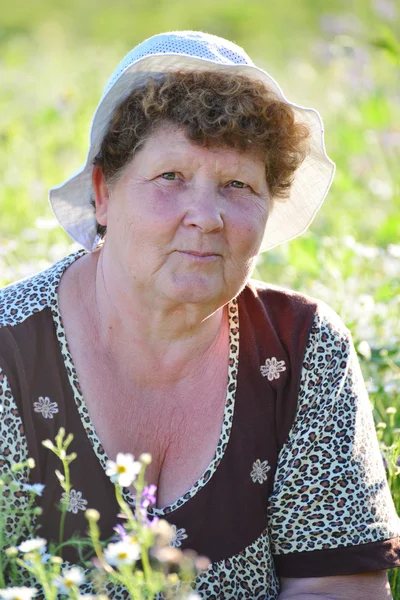 Пожилая женщина на лугу в летний день — стоковое фото