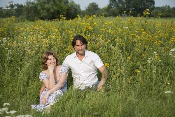 Couple aimant se détendre sur une prairie — Photo