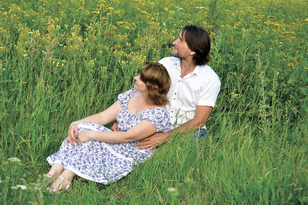 Çift bir çayır üzerinde rahatlatıcı sevgi dolu