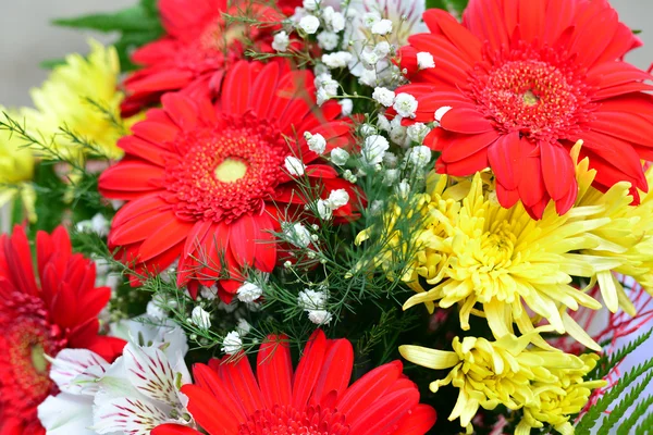 Buquê de crisântemos amarelos, gerbera vermelho — Fotografia de Stock