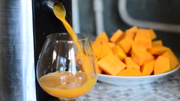 Cooking pumpkin juice in a juicer — Stock Video