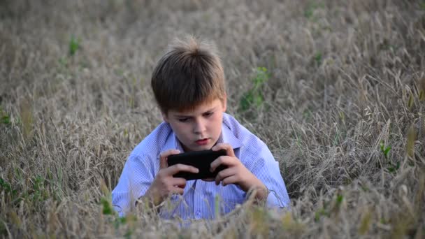 Tizenéves fiú használ egy okostelefon, rét, vidéki — Stock videók