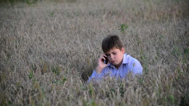 Nastoletni chłopiec używa pewien smartphone na łące w okolicy — Wideo stockowe